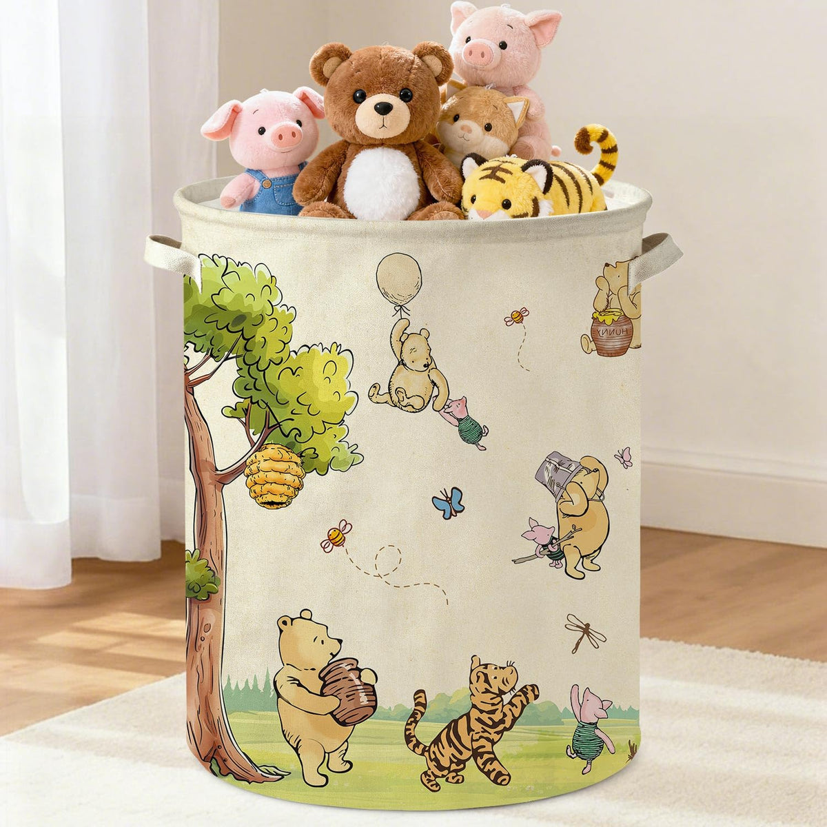 Lopeastar Winnie Bear laundry basket closeup shows durable canvas and convenient wipe-clean surface for busy nurseries.