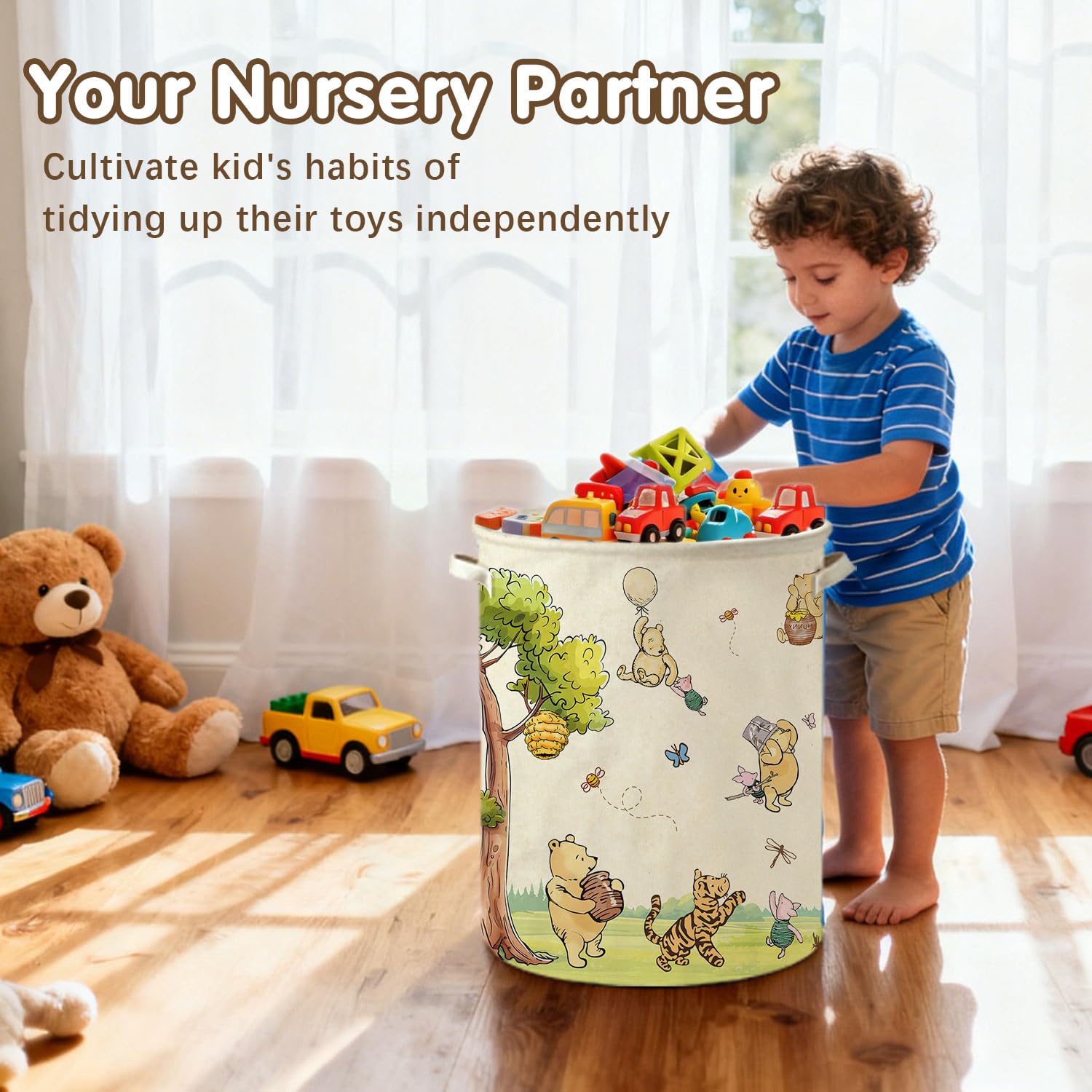 Lopeastar Winnie Bear hamper folded-flat design enables easy storage when not in use.