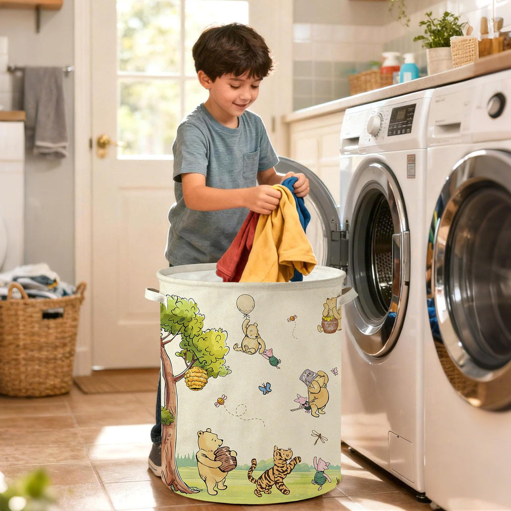 Lopeastar Winnie Bear laundry basket side view highlights roomy capacity for growing piles.