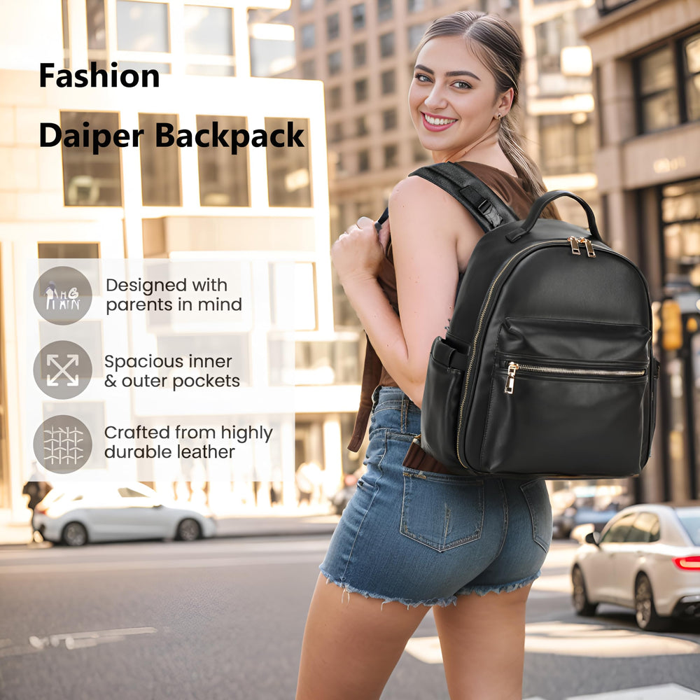 LORADI Compact Diaper Backpack side view demonstrates stroller clips for easy hands-free outings.
