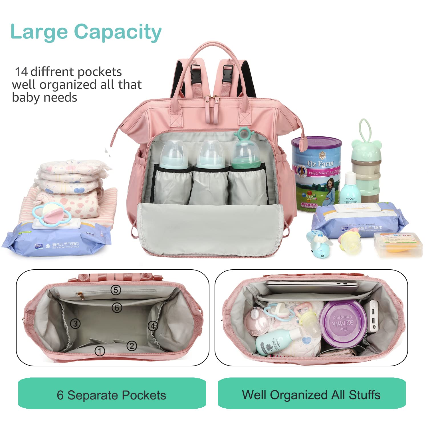 LORADI diaper bag tote with stroller buckle for hands-free strolls and easy items access.