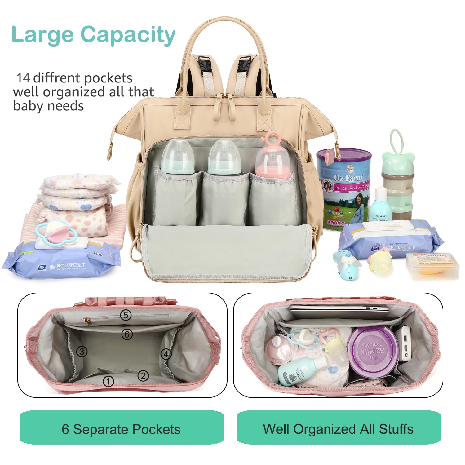 LORADI convertible diaper bag tote with stroller buckle attachment for hands-free strolling.