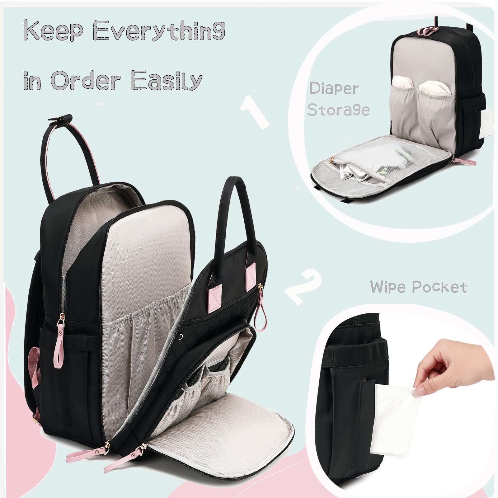 LORADI diaper bag main compartment showing large space