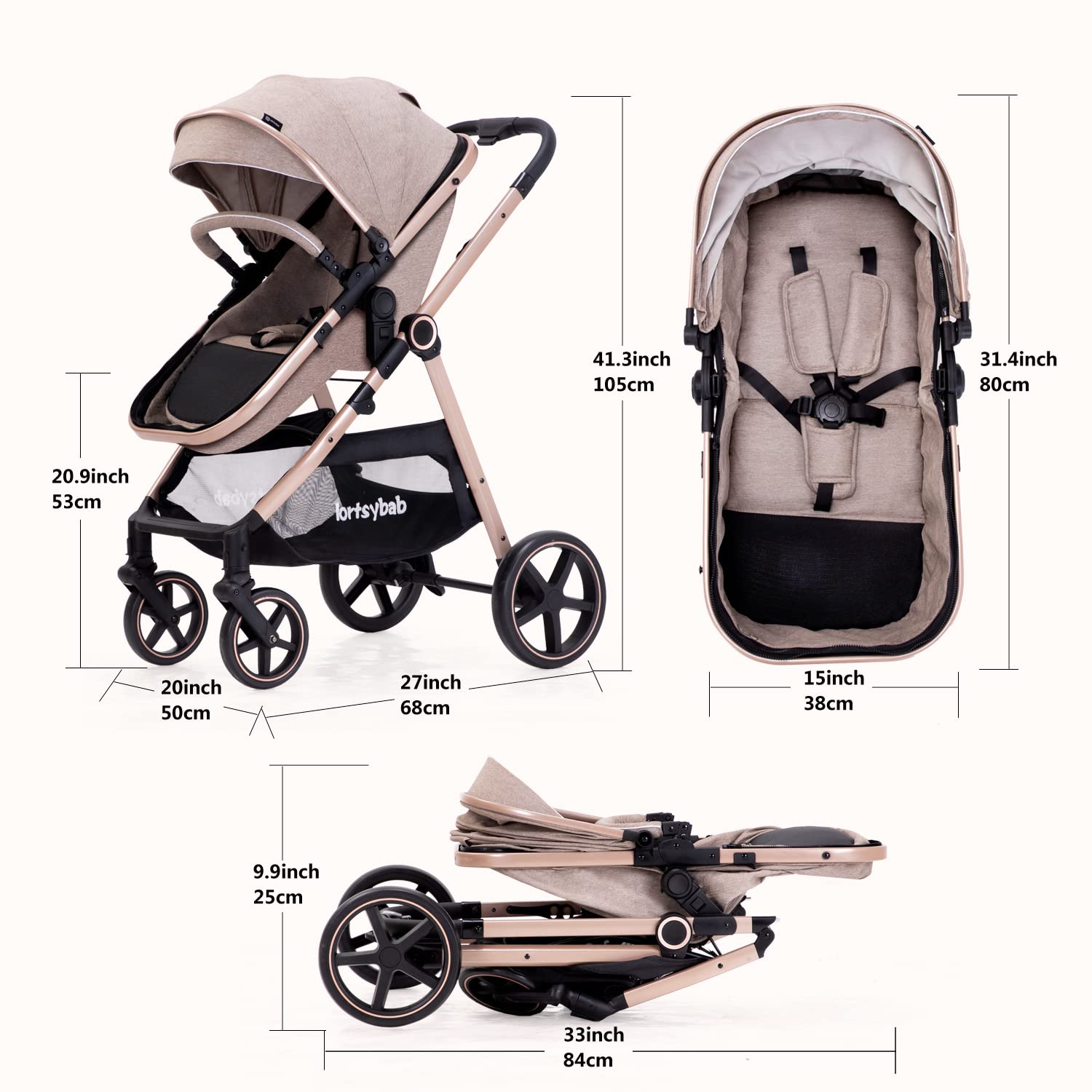 LORTSYBAB 2-in-1 stroller beige 5-point harness and wrist strap safety