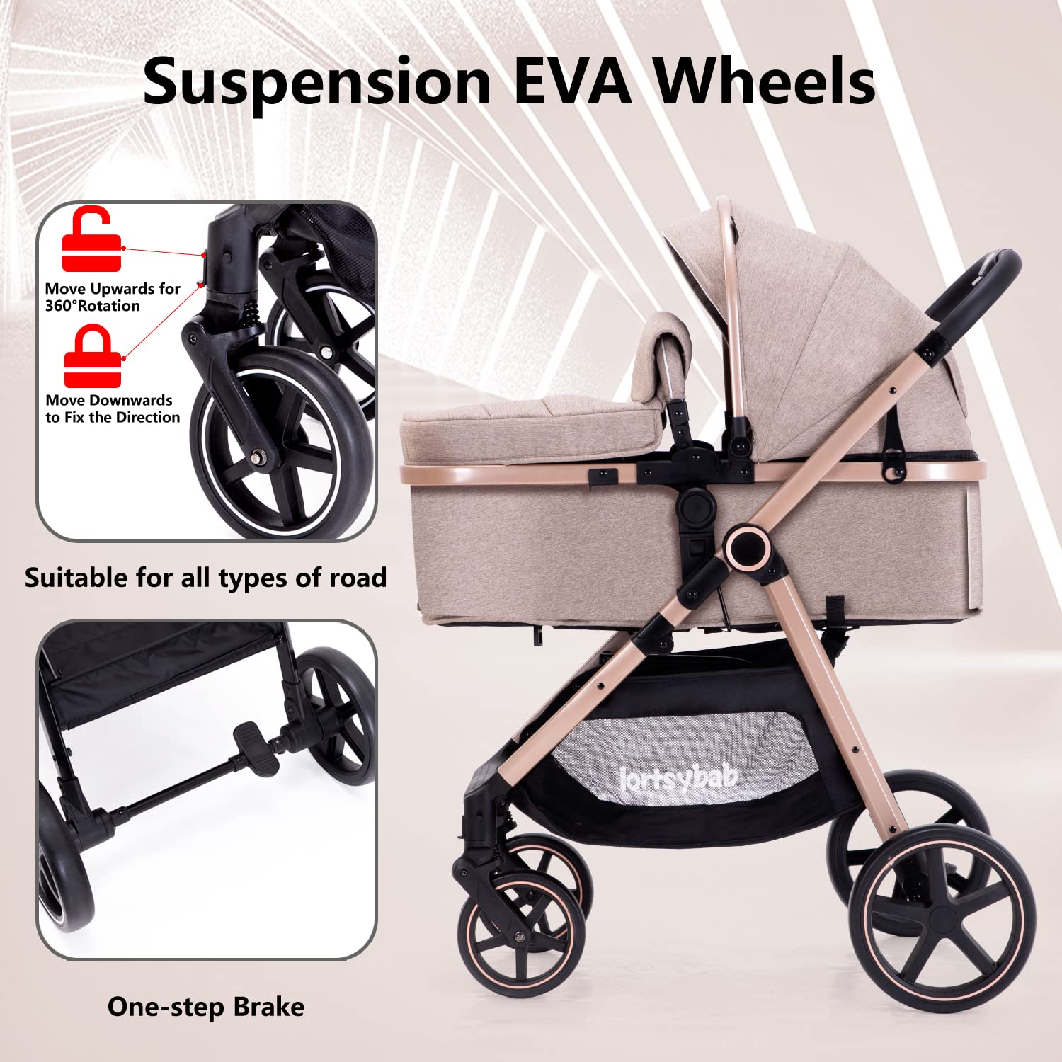LORTSYBAB 2-in-1 stroller beige EVA wheels for stable rides