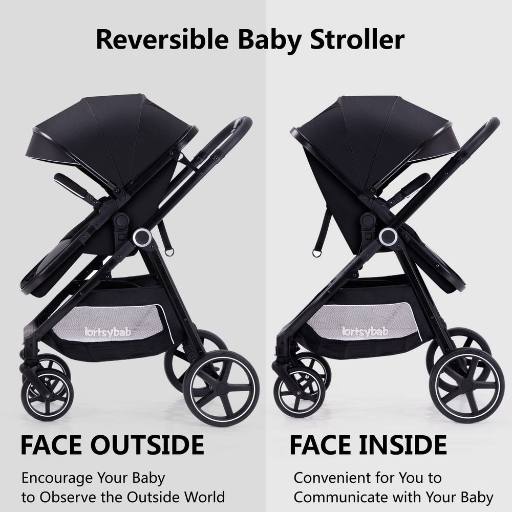 LORTSYBAB adjustable canopy with sun visors protects baby from direct sun.
