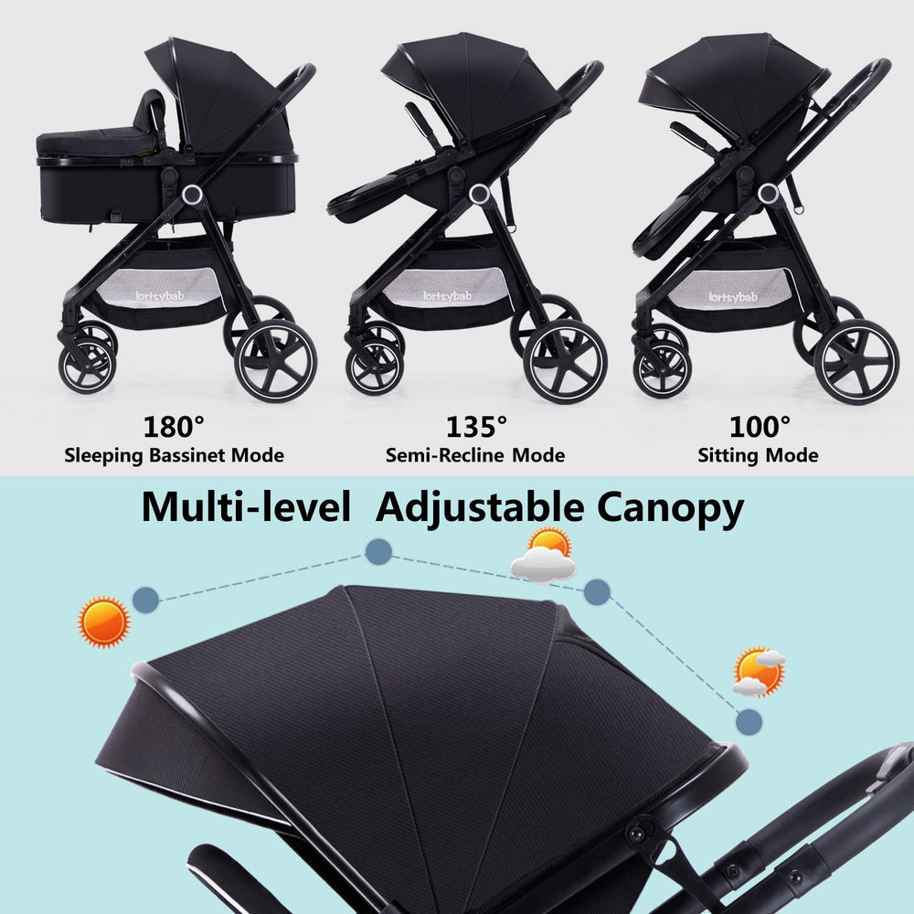LORTSYBAB stroller with reversible seat shows baby facing you and engaging with surroundings.