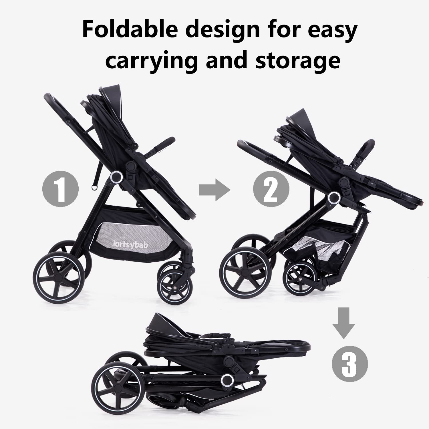 LORTSYBAB roomy storage basket keeps essentials within reach during outings.