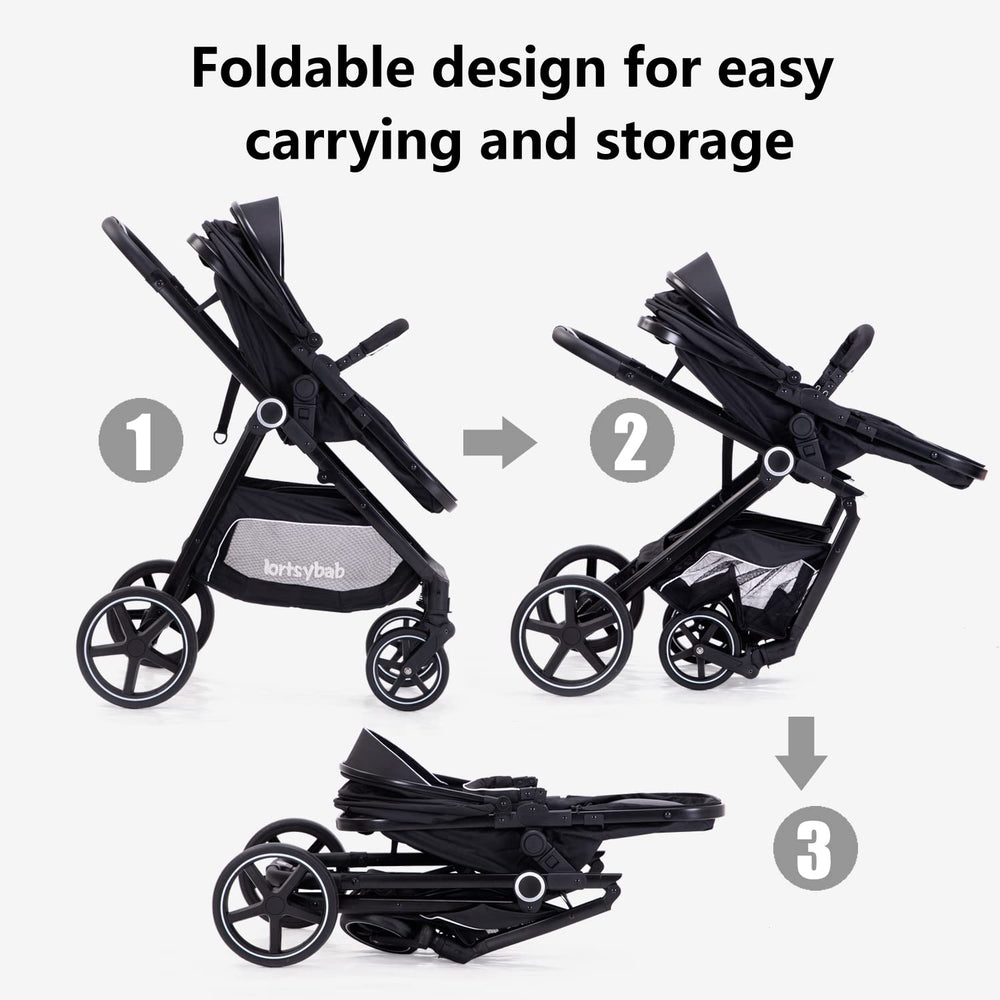 LORTSYBAB roomy storage basket keeps essentials within reach during outings.