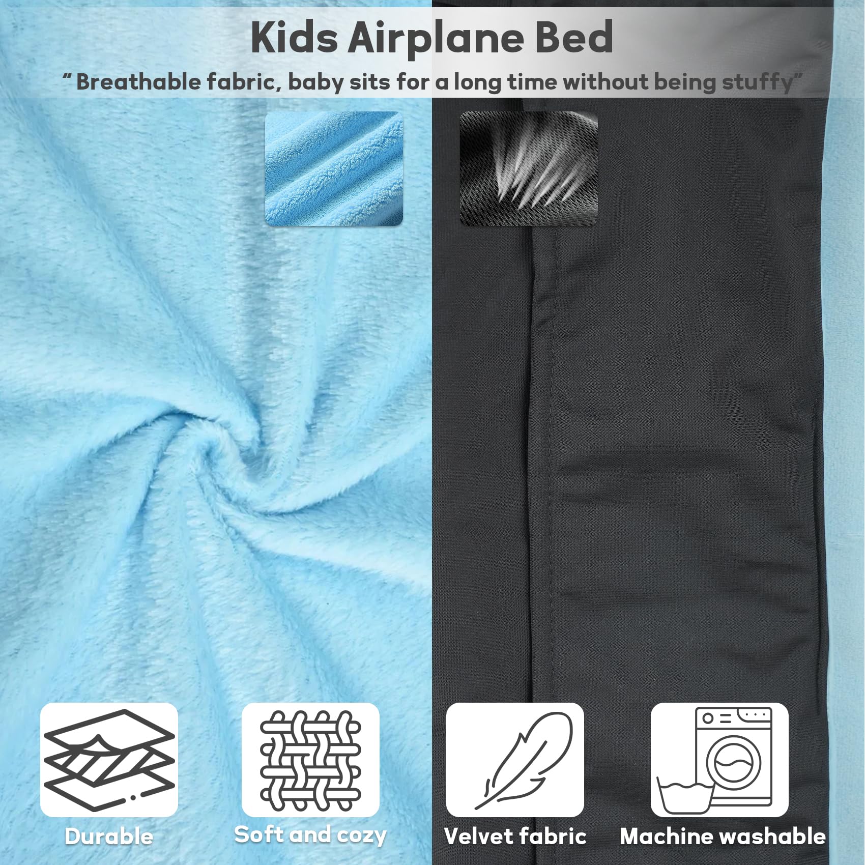 LoTanop toddler airplane bed back-fabric smooth against arms for secure resting.