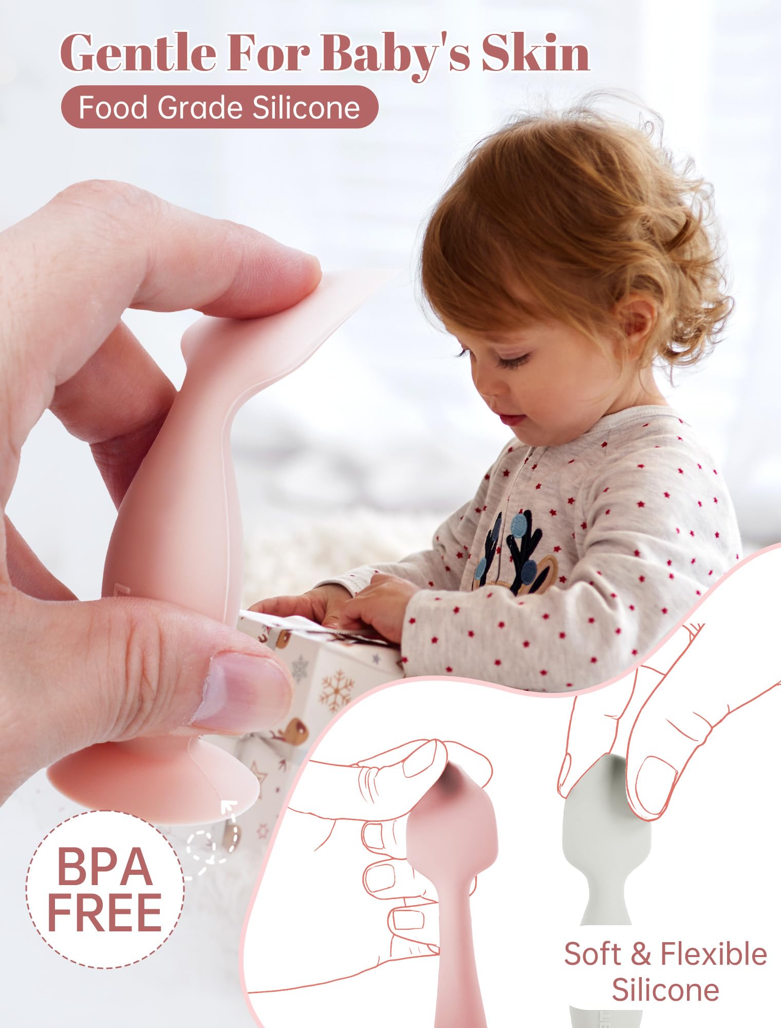 LOTBILL silicone closeup shows soft, flexible material safe for baby skin.