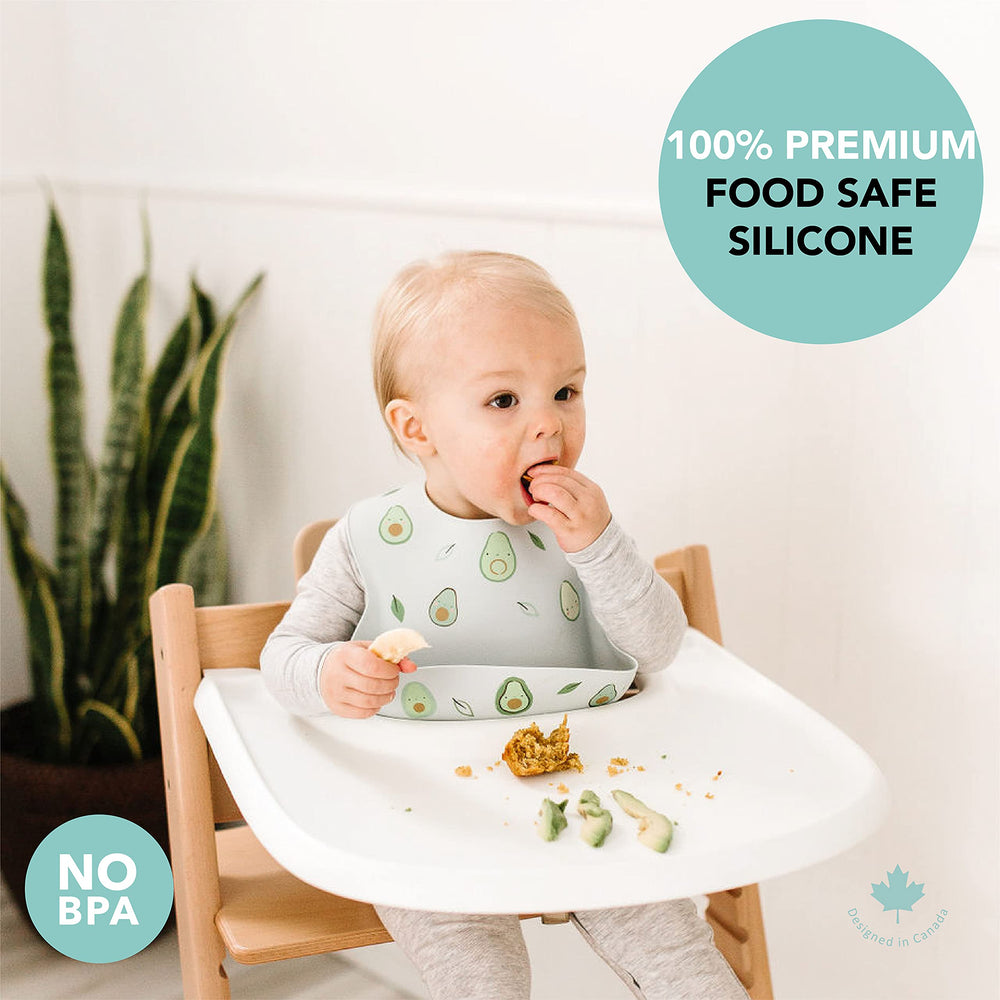 Loulou Lollipop avocado bib dishwasher-safe and easy to wipe clean