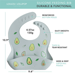 Loulou Lollipop avocado bib pocket catches crumbs during snack time
