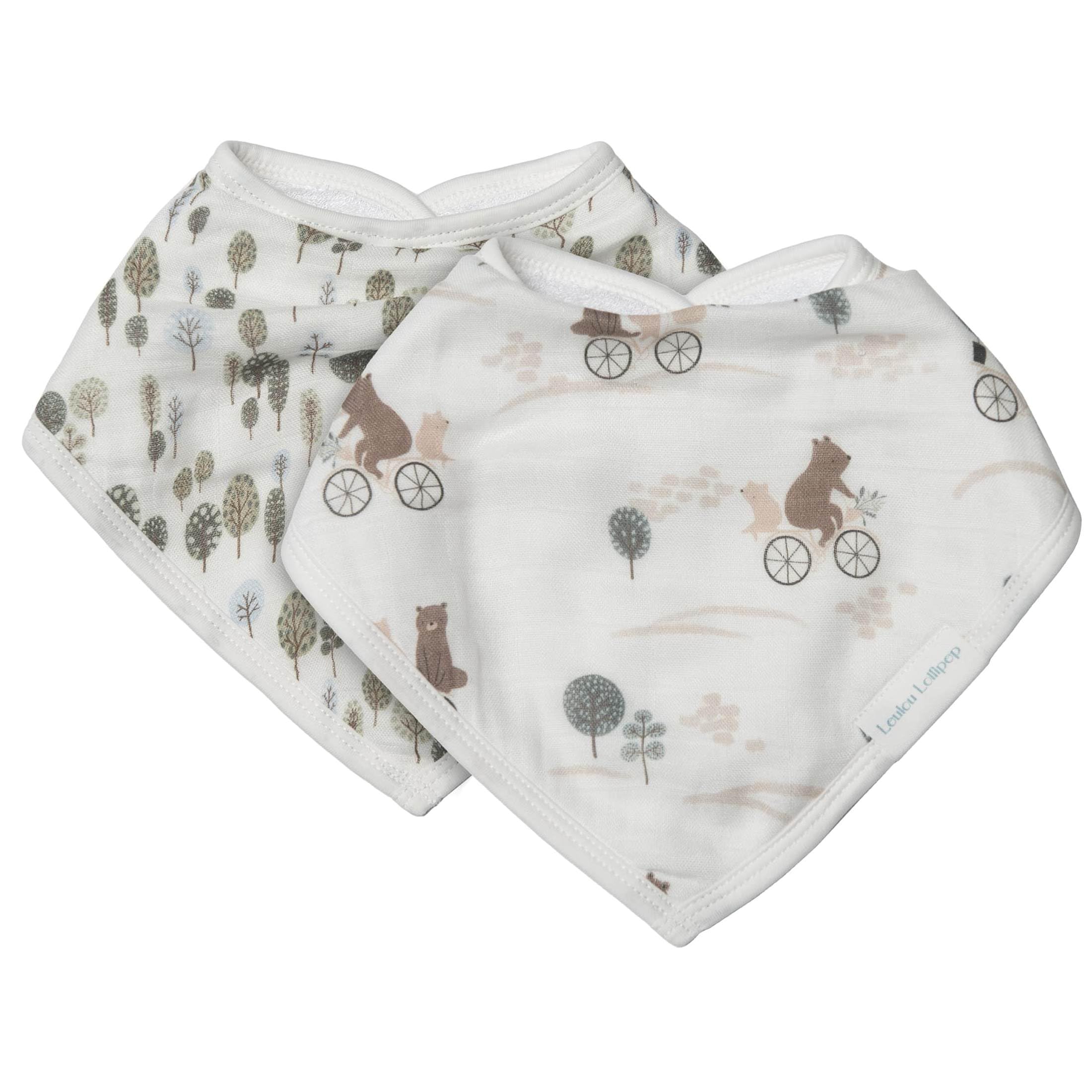 Loulou Lollipop bandana bib Bears on Bike with adjustable snaps for growing babies