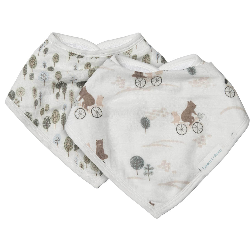 Loulou Lollipop bandana bib Bears on Bike with adjustable snaps for growing babies