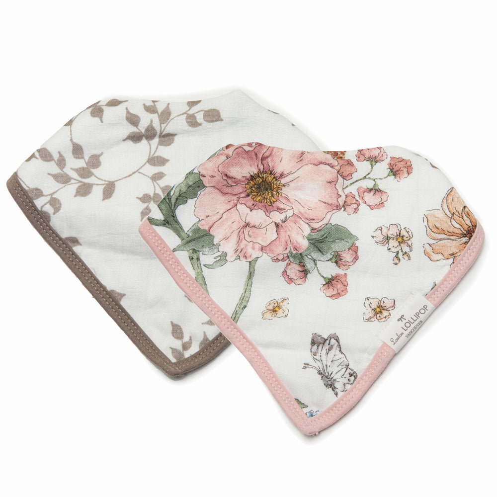 Loulou Lollipop bandana bib Secret Garden close-up with adjustable snaps and absorbent terry backing