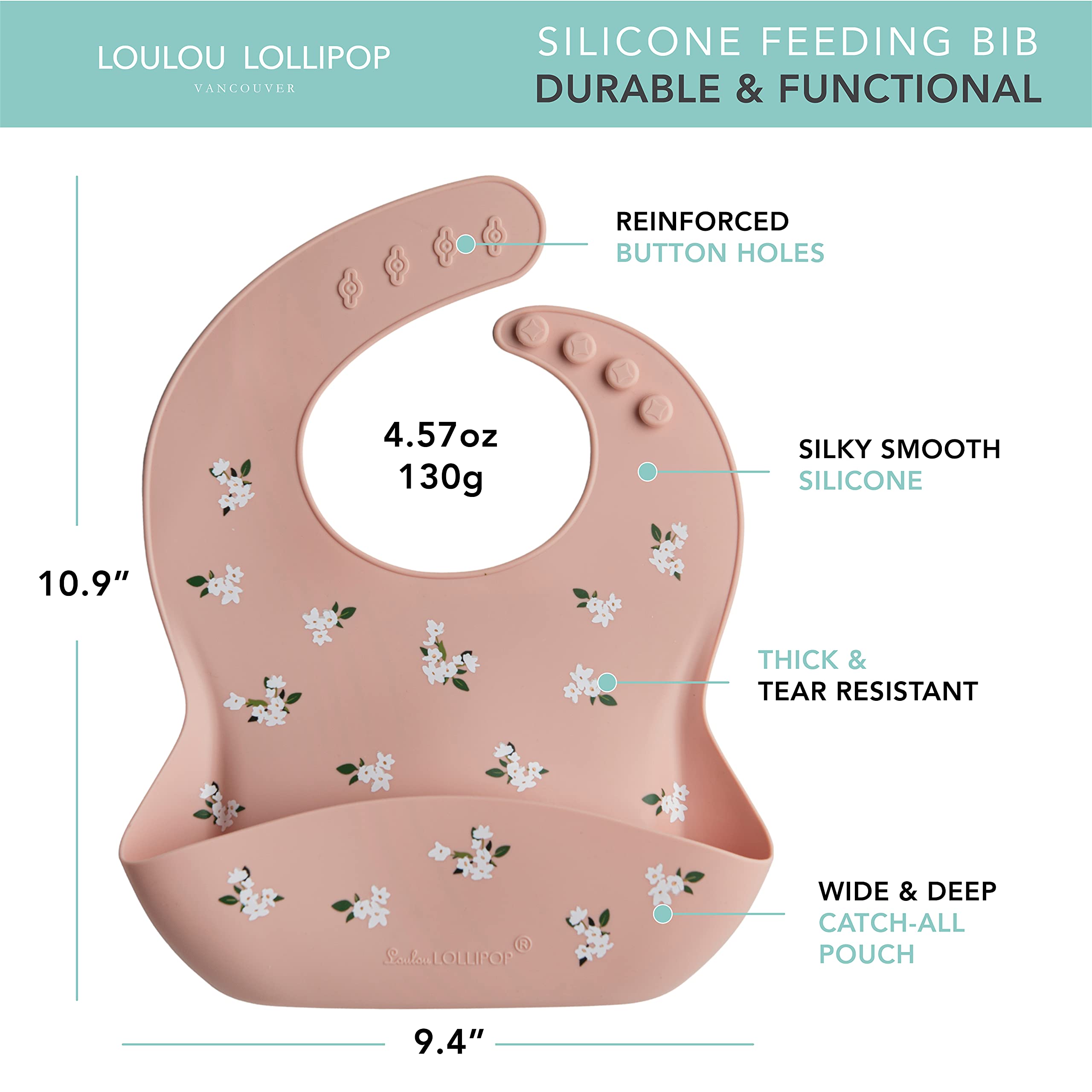 Loulou Lollipop bib waterproof silicone dishwasher-safe feature aids easy cleaning after meals.