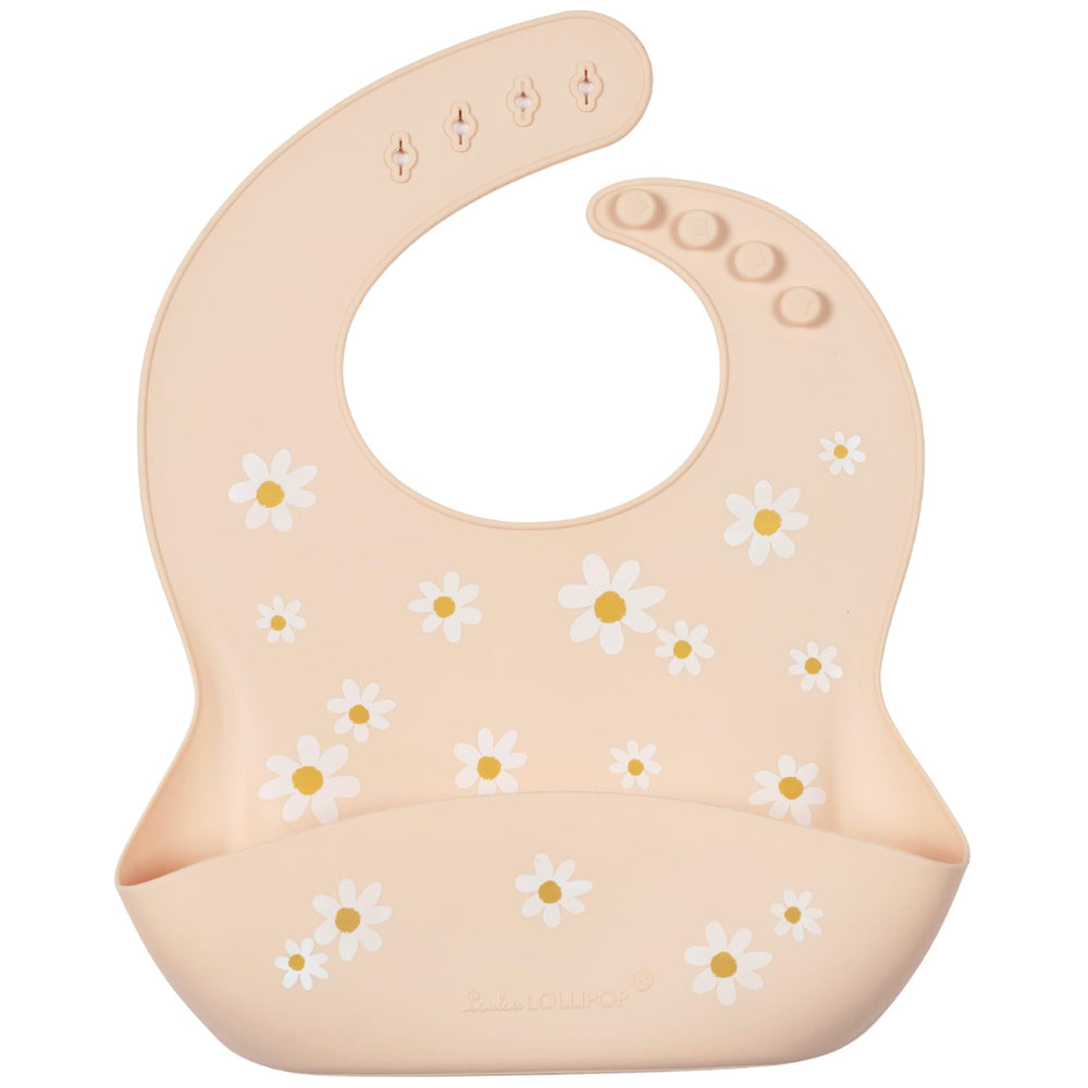 Loulou Lollipop Daisy Oat silicone feeding bib with wide catch-all pouch for mess-free meals.