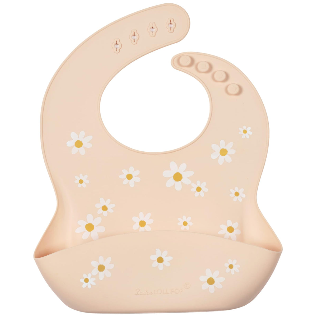 Loulou Lollipop Daisy Oat silicone feeding bib with wide catch-all pouch for mess-free meals.