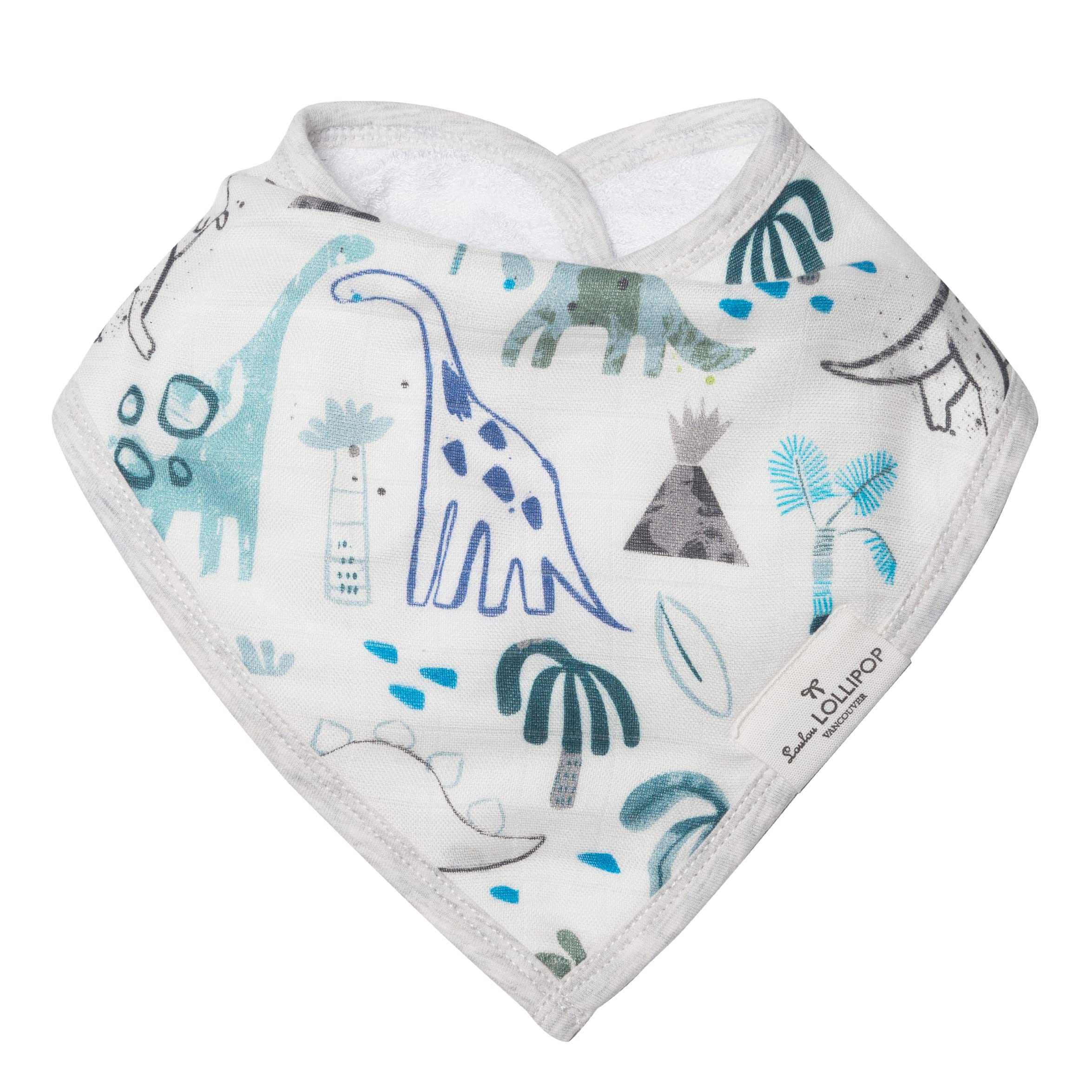 Loulou Lollipop dinosaurs bandana bib back view showing soft terry backing for comfort