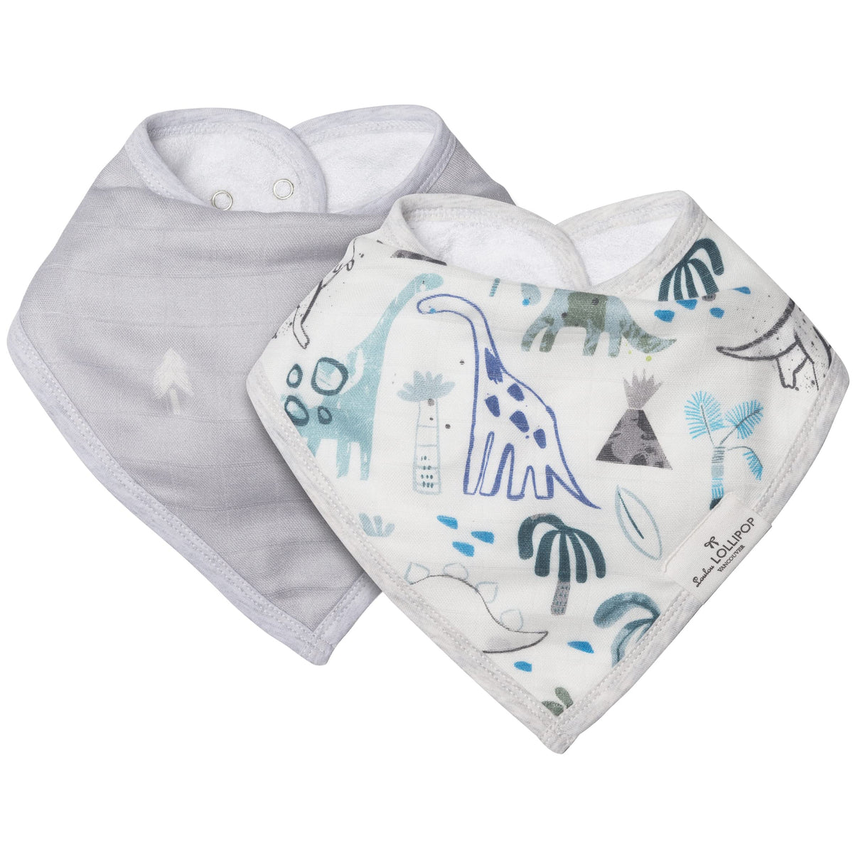 Loulou Lollipop dinosaurs bandana bib front view with adjustable snaps for growing babies