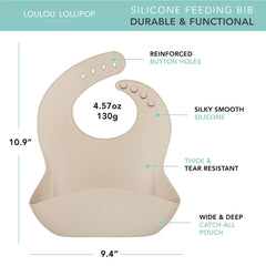 Loulou Lollipop silicone bib adjustable-fit buttonholes ensure growing baby comfort during meals.