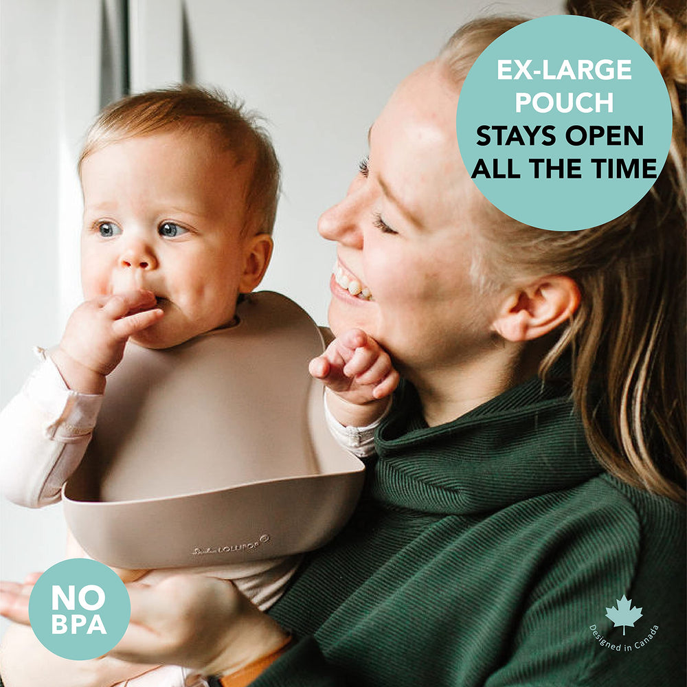 Loulou Lollipop silicone bib top-rack dishwasher-safe for quick cleanup.