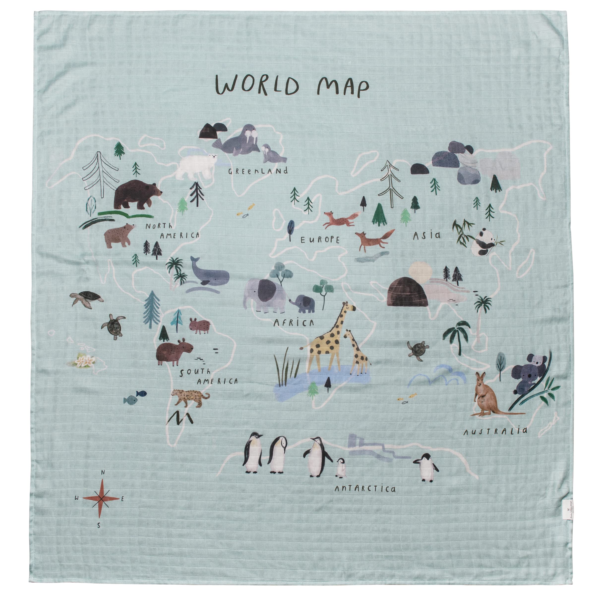 Loulou Lollipop world-map swaddle texture closeup shows soft muslin fabric for cozy wrapping.
