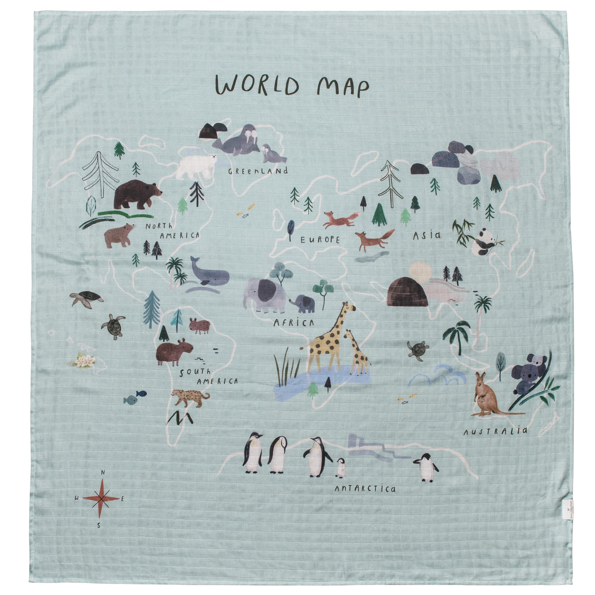 Loulou Lollipop world-map swaddle texture closeup shows soft muslin fabric for cozy wrapping.