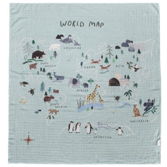 Loulou Lollipop world-map swaddle texture closeup shows soft muslin fabric for cozy wrapping.