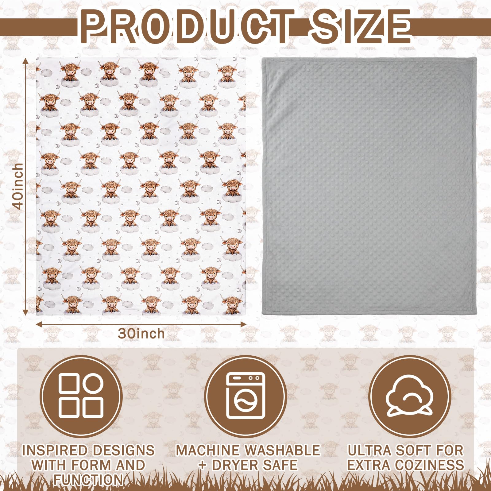 Lounsweer Highland Cow blanket back features 3D polka dots for tactile exploration and grip.
