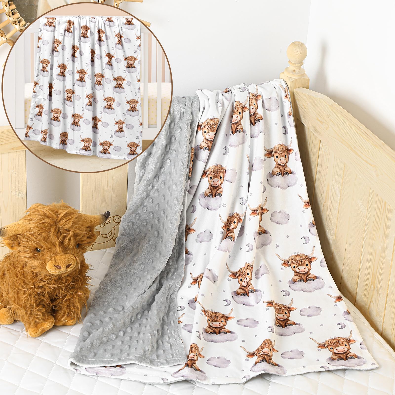 Lounsweer Highland Cow baby blanket on crib or nursery for warm, comfortable nights.