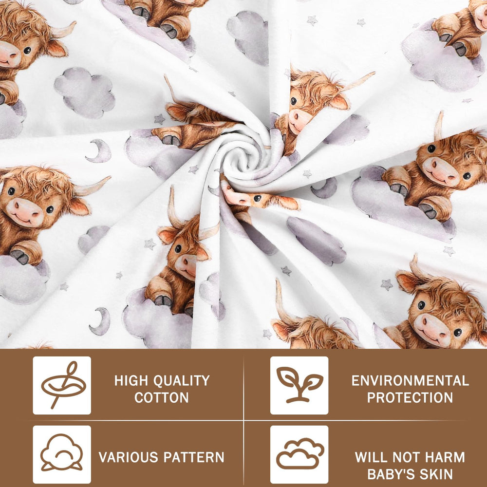 Folded Lounsweer Highland Cow baby blanket shows compact carry-size for on-the-go warmth.