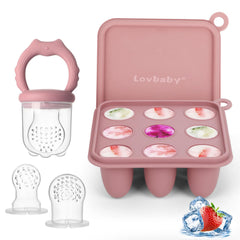 Lovbaby baby fruit feeder tray assembly ready for freezing, promoting gentle teething relief.
