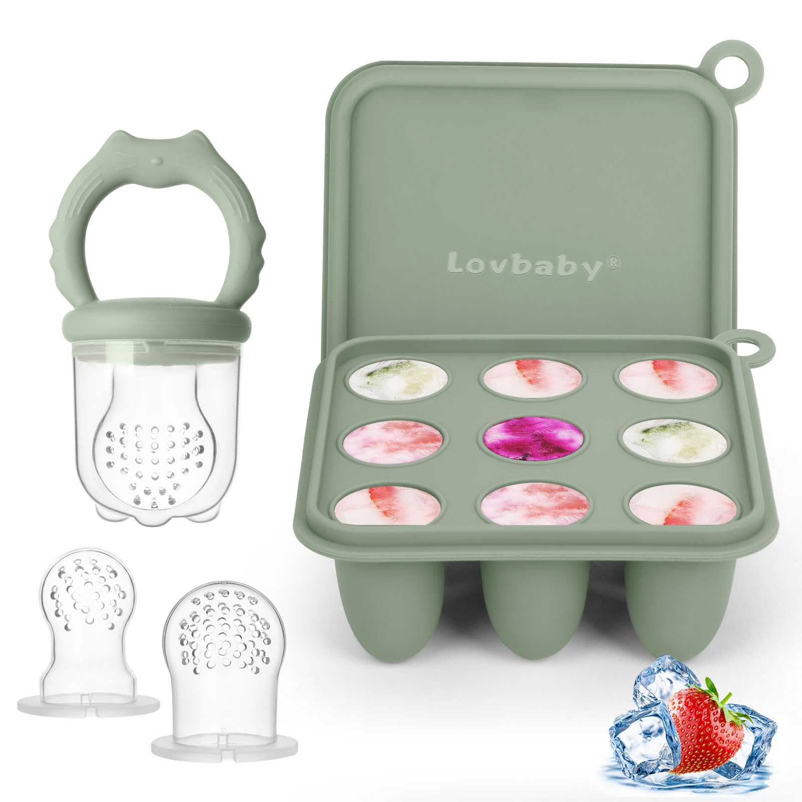 Lovbaby baby-fruit-feeder demonstrates safe self-feeding with frozen puree bites.