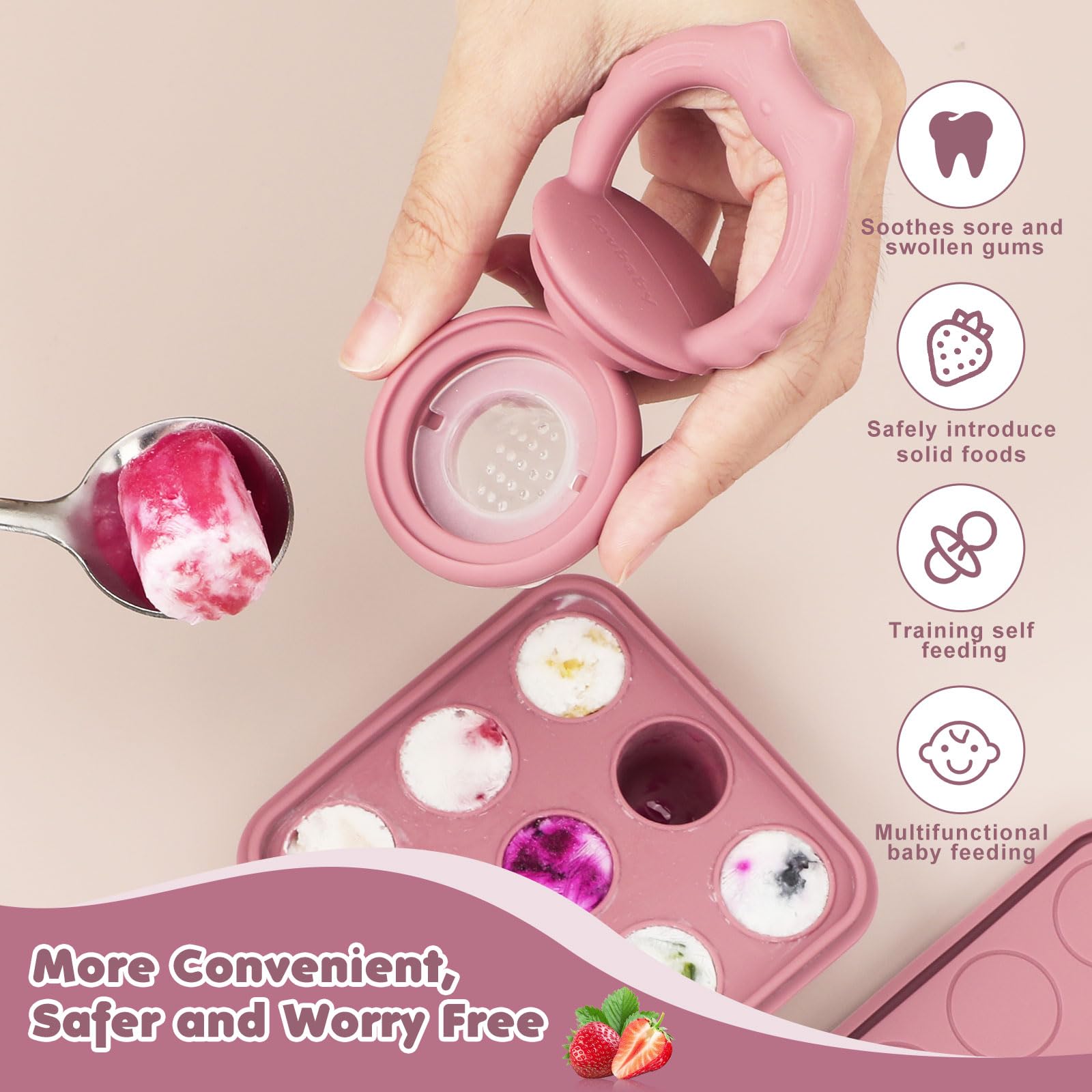 Lovbaby silicone freezer tray with lid showing organized storage for breast milk and purees.