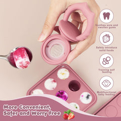 Lovbaby silicone freezer tray with lid showing organized storage for breast milk and purees.