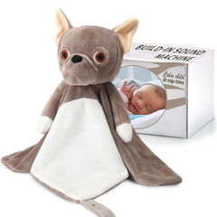 Love By Emi baby sleep soother taupe bulldog plush with heartbeat sounds for calm bedtimes.