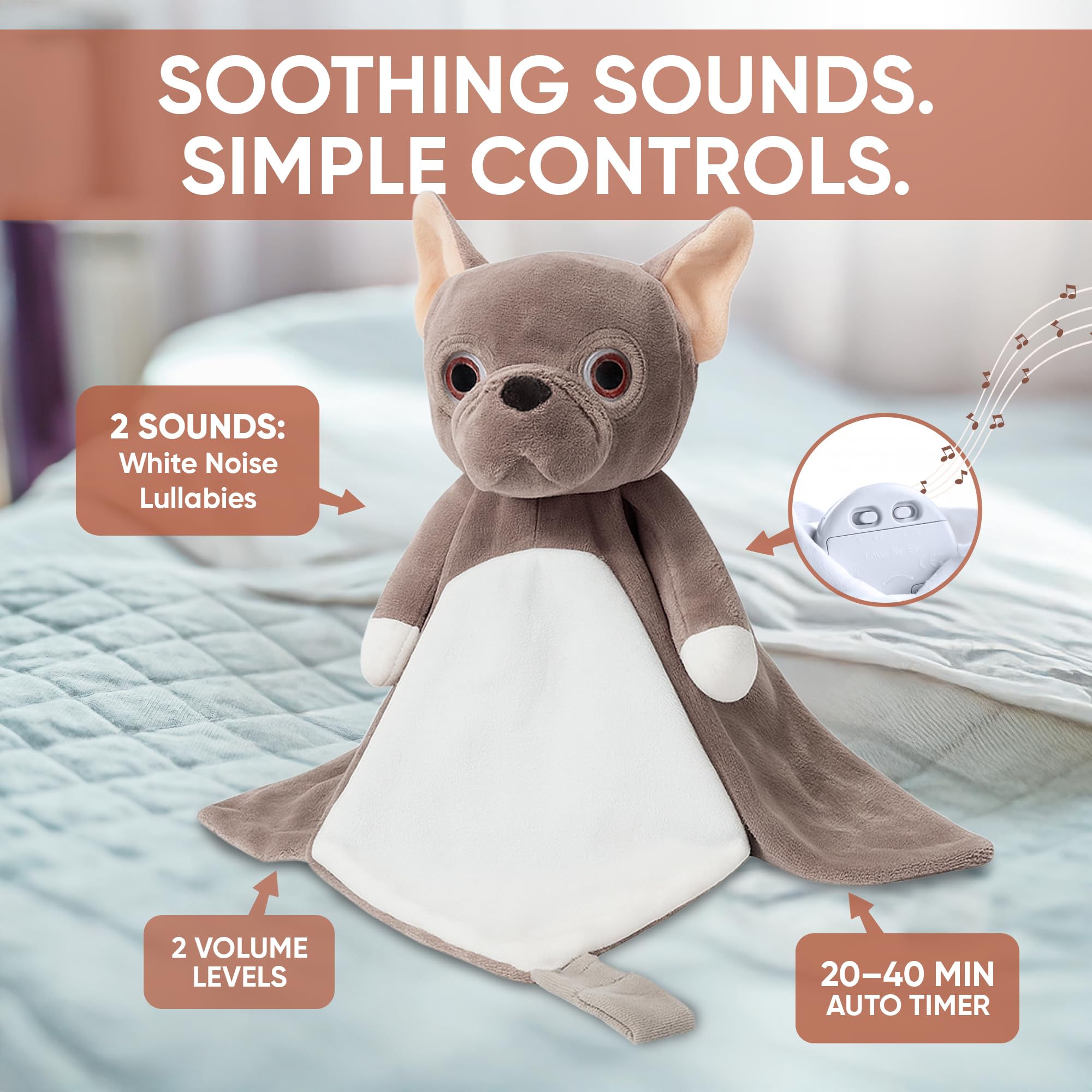 Love By Emi lullaby sounds with taupe bulldog plush for cozy settling.
