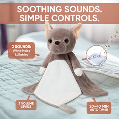 Love By Emi lullaby sounds with taupe bulldog plush for cozy settling.