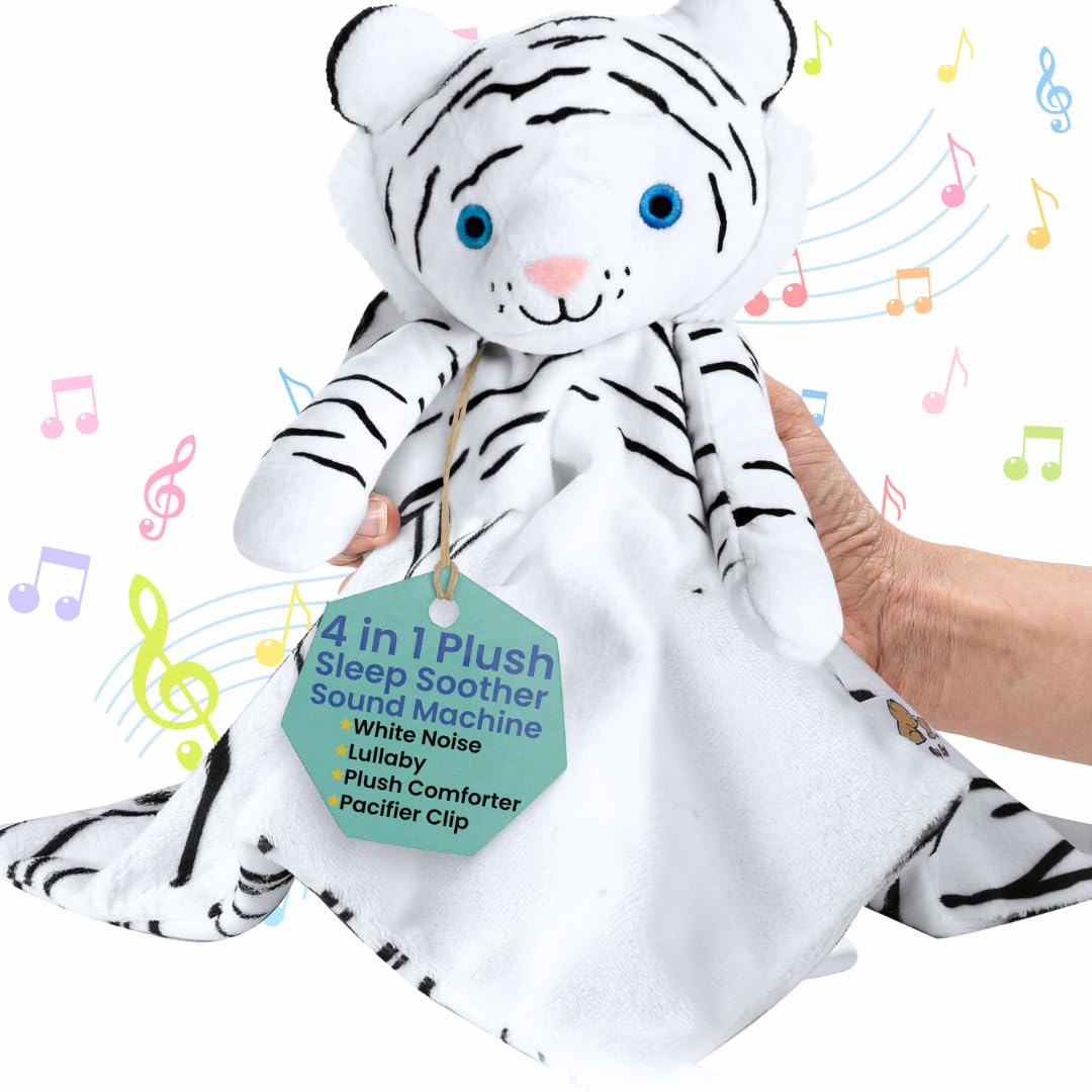 Love By Emi white tiger plush with lullabies calms bedtime routines.