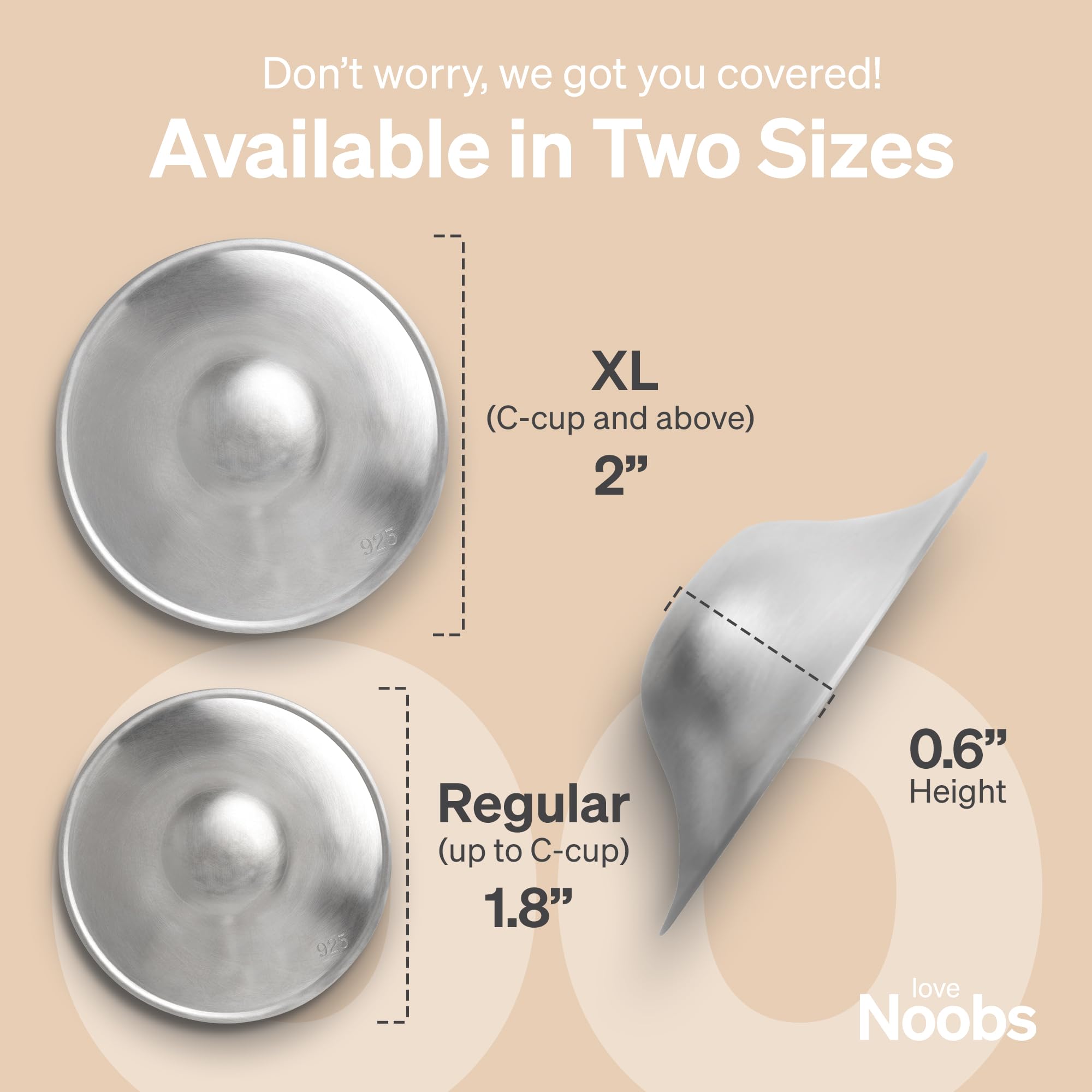 Love Noobs nickel-free silver cups close-up signaling skin-safe design.