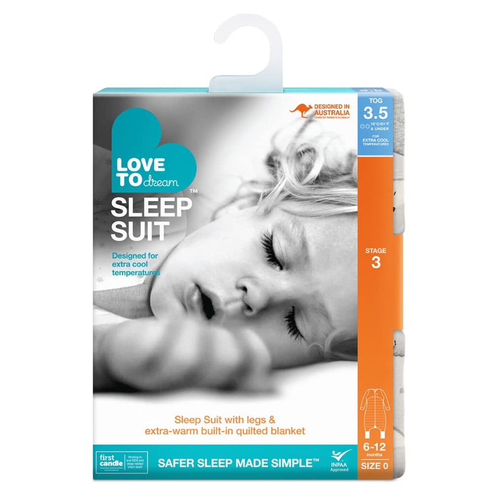 Love to Dream Extra Warm Sleep Suit gray packaging shows safe, ready-to-use product