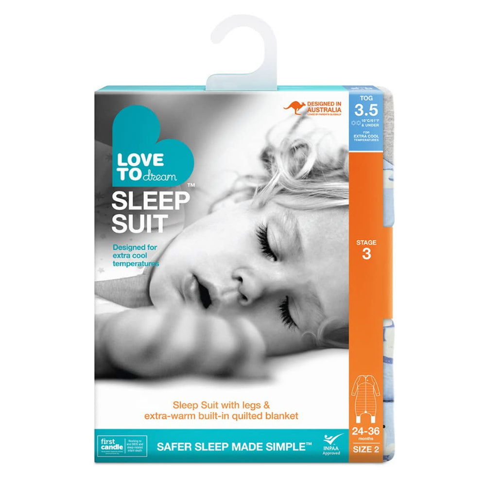 Love to Dream Extra Warm Toddler Sleep Suit blue packaged display suggests easy storage