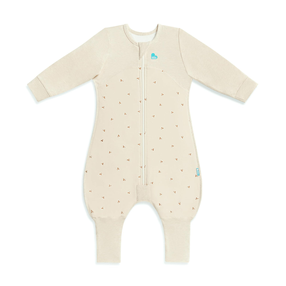 Love to Dream long sleeve sleep bag in olive twigs front view, cozy 1.5 TOG warmth
