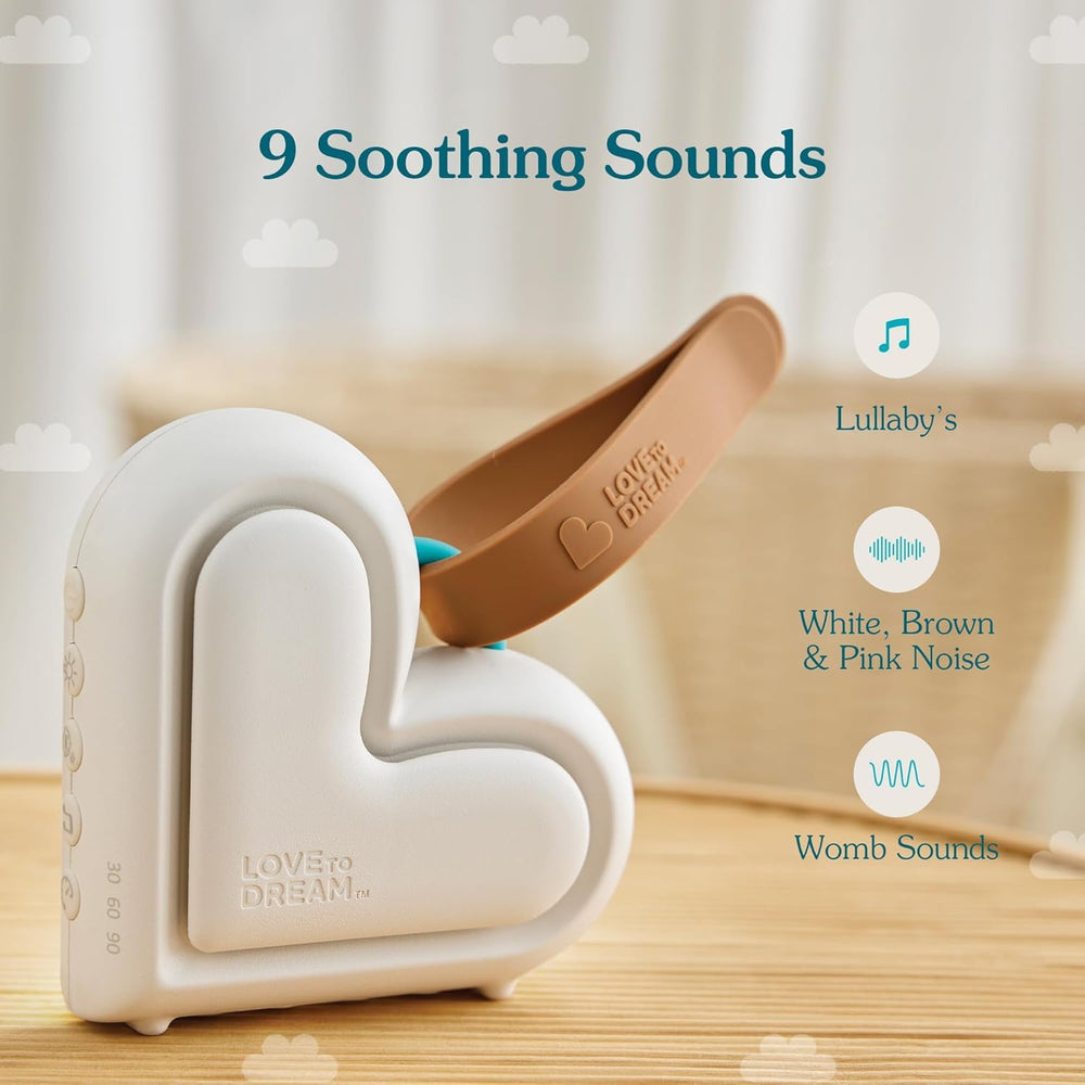 Love to Dream Sleep Machine white, brown noise options mask disruptive sounds effectively.