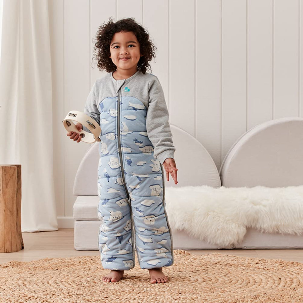 Love to Dream sleep suit blue grip pads improve traction and reduce slipping risk.