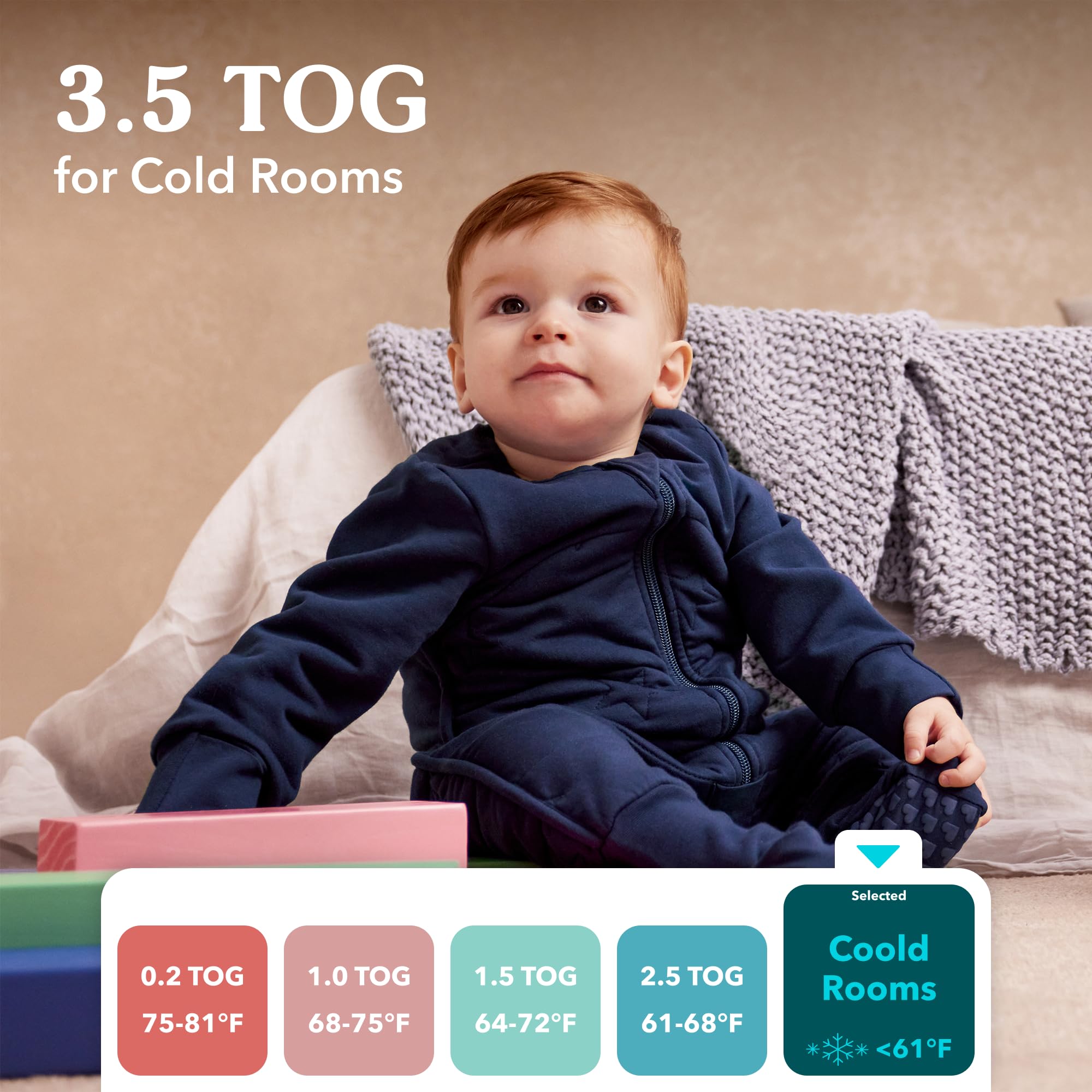 Love to Dream sleep suit blue legs and feet area, safe mobility for active toddlers.