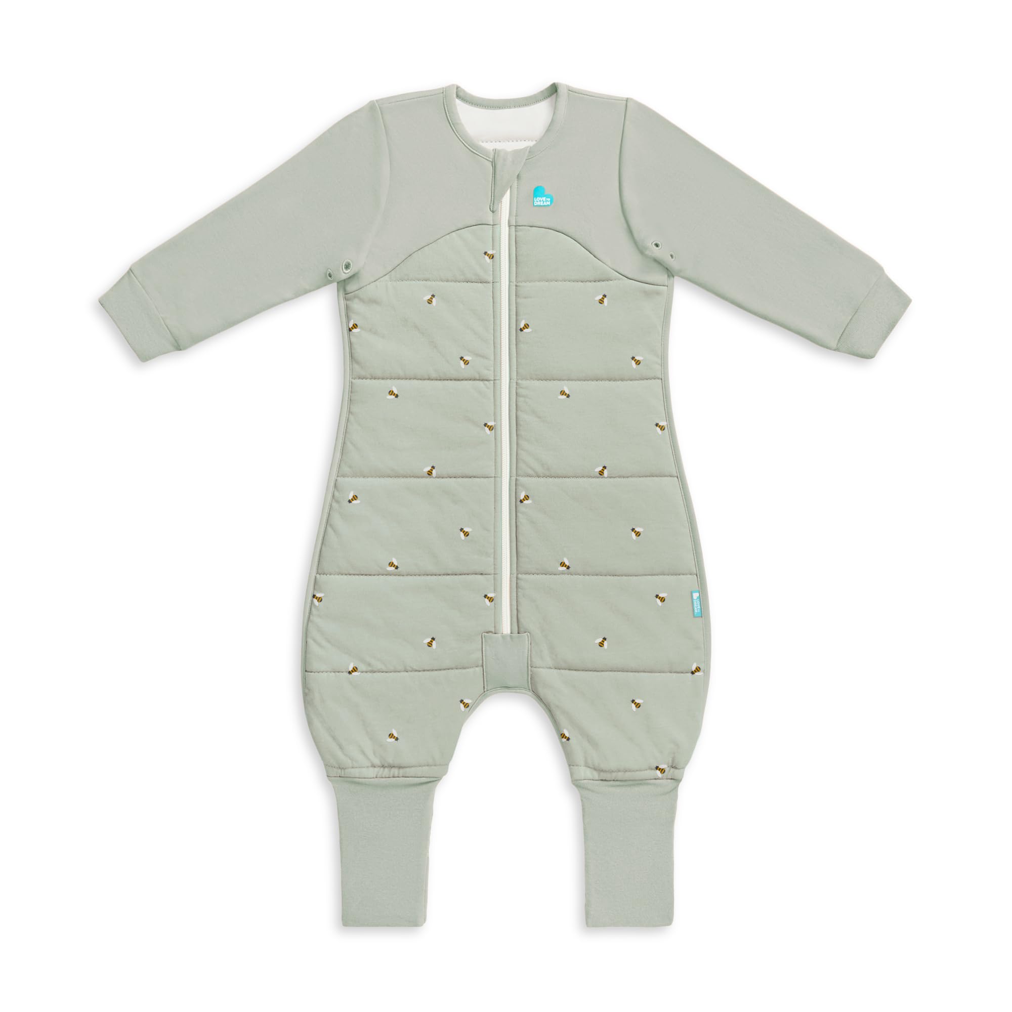 Love to Dream Sleep Suit worn by baby in Olive Bees for cozy warmth.