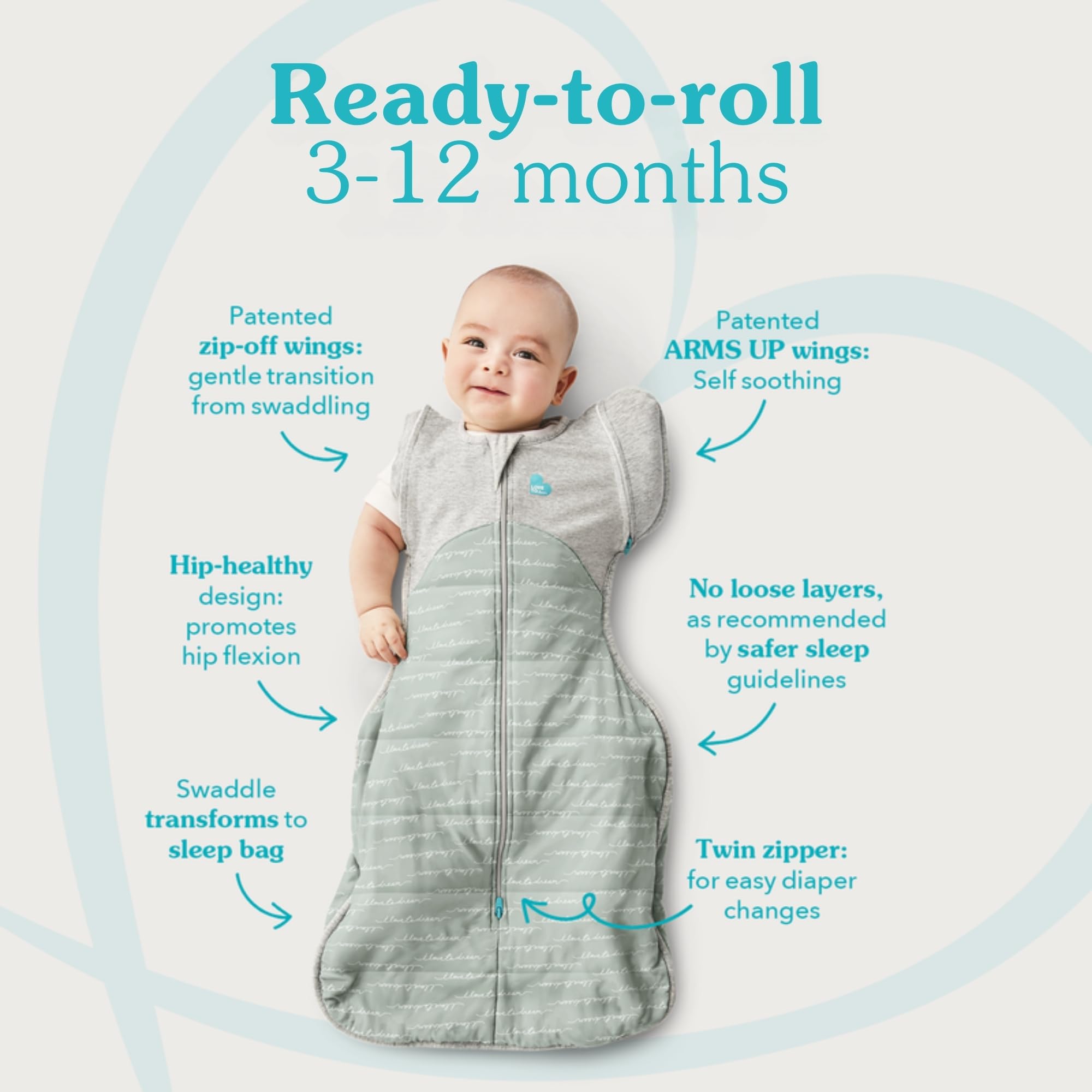 Love to Dream Swaddle UP 50/50 Gray wings-zip close-up highlights easy transition to arms-free sleep